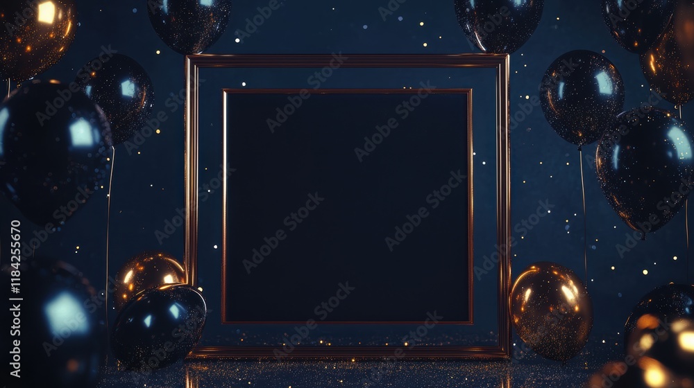 Obraz premium Black and gold balloons framing photo on blue glitter background