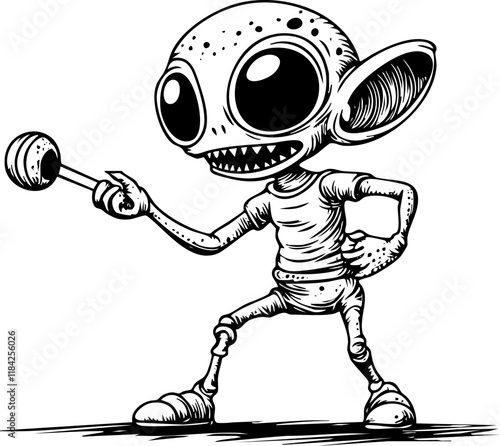 Comical alien character illustration in black and white with large eyes.