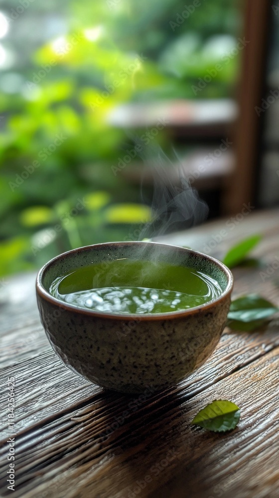 A steaming cup of vibrant green tea sits elegantly on a rustic wooden table, surrounded by soothing greenery in a peaceful garden. The scene invites relaxation and contemplation A steaming cup of vibrant green tea sits elegantly on a rustic wooden table, surrounded by soothing greenery in a peaceful garden. The scene invites relaxation and contemplation