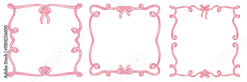 Coquette elegant decorative frames set featuring a ribbon bow design with flowing hand drawn contours. Vector flat illustration for invitations, cards, and artistic projects