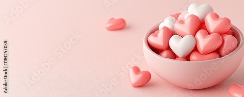 Minimalist heart shape on gradient background concept. Colorful heart-shaped candies in a bowl on a pink background