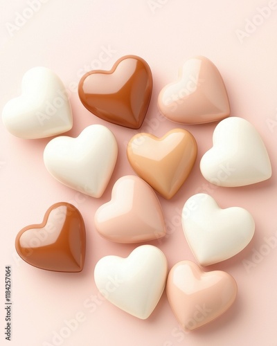 Minimalist heart shape on gradient background concept. Colorful heart-shaped chocolates on a soft pink background