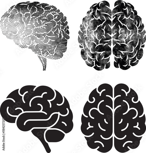 Set of 4 brain halftone grunge vector art