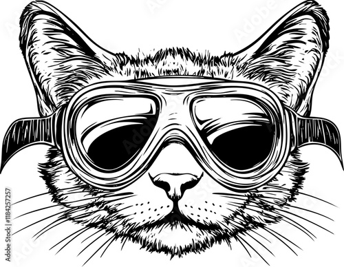 Illustration of a cat wearing goggles in black and white.