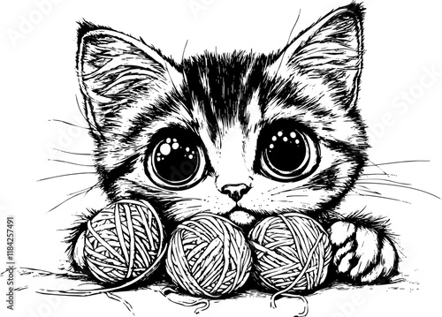 Adorable kitten playing with yarn balls in black and white illustration.