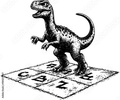 A cartoon dinosaur playing hopscotch in a black and white illustration.