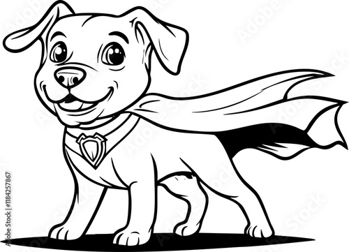 Black and white illustration of a superhero dog wearing a cape.