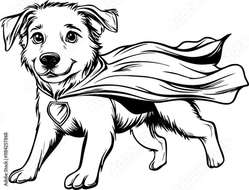 Black and white illustration of a superhero dog wearing a cape.