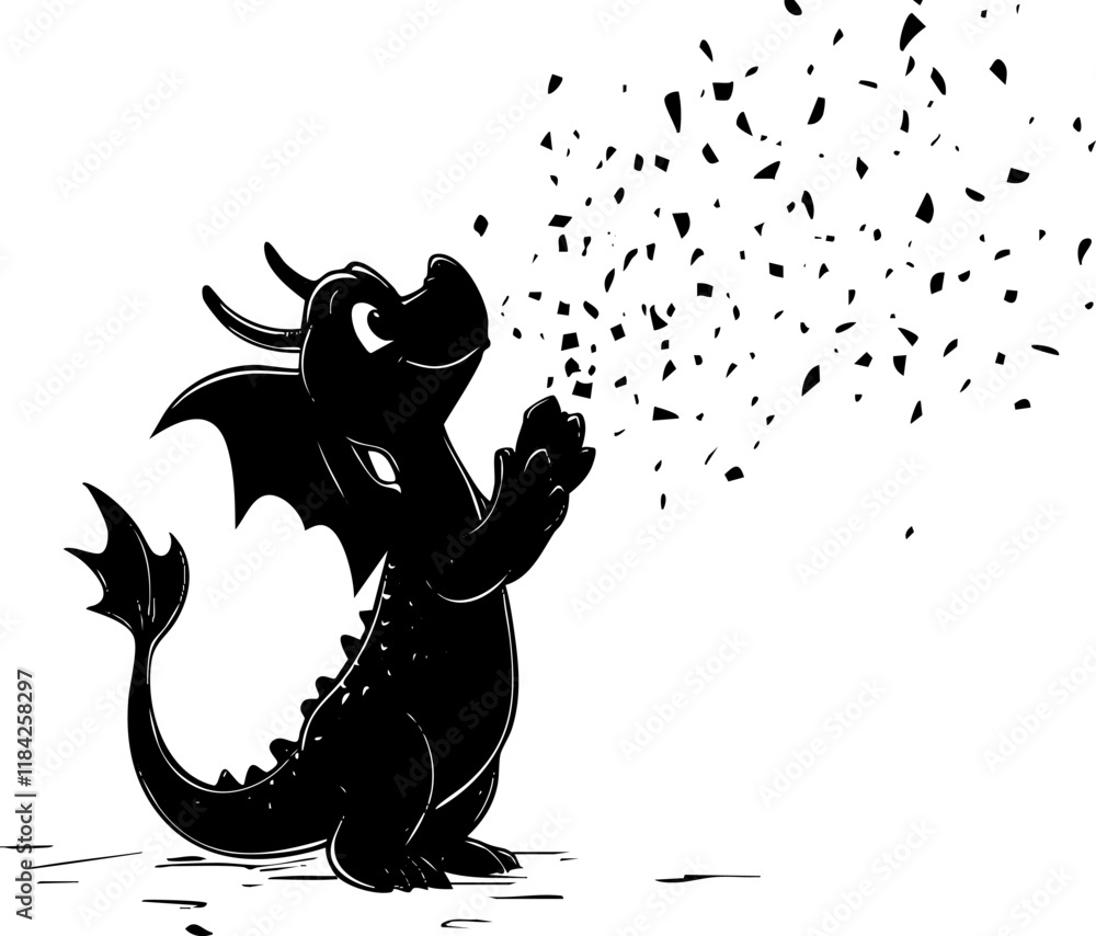 A cute cartoon dragon in silhouette with playful expression and scattered particles. A cute cartoon dragon in silhouette with playful expression and scattered particles.