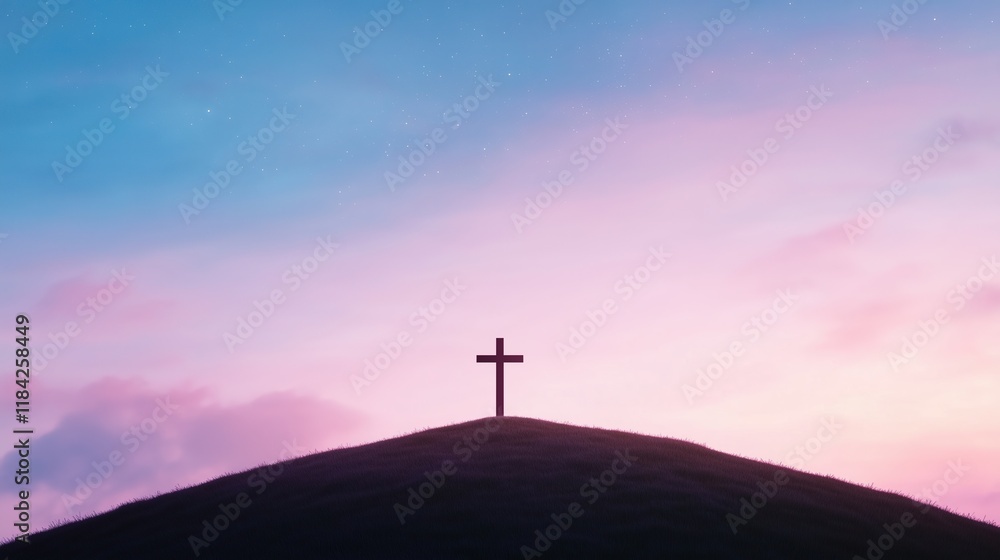 Cross Silhouette on Hill at Sunset with Vibrant Sky and Clouds Symbolizing Faith and Serenity, Ideal for Inspirational Religious Themes and Tranquil Landscapes Cross Silhouette on Hill at Sunset with Vibrant Sky and Clouds Symbolizing Faith and Serenity, Ideal for Inspirational Religious Themes and Tranquil Landscapes