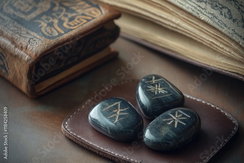 Ancient runes engraved on smooth stones beside an old, ornate bo photo