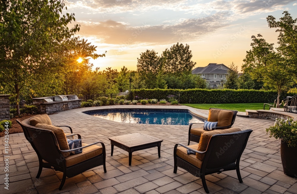 an outdoor patio area with chairs and a coffee table, a pool in the background, a large garden, pavers, hedges, an outdoor patio area with chairs and a coffee table, a pool in the background, a large garden, pavers, hedges,
