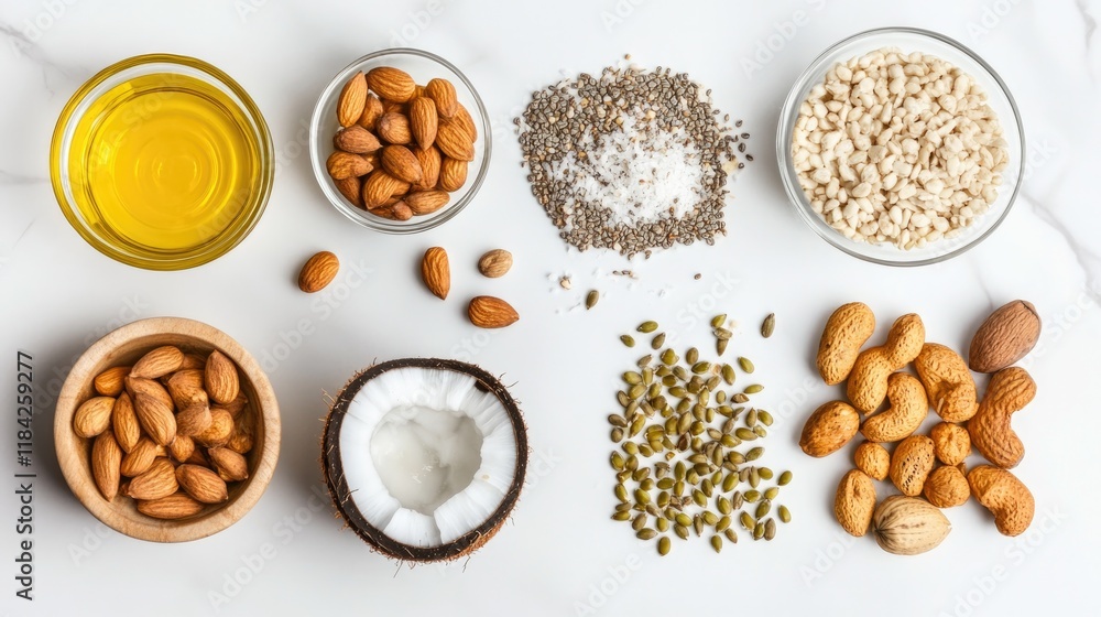 Diverse assortment of healthy ingredients arranged neatly on sur Diverse assortment of healthy ingredients arranged neatly on sur