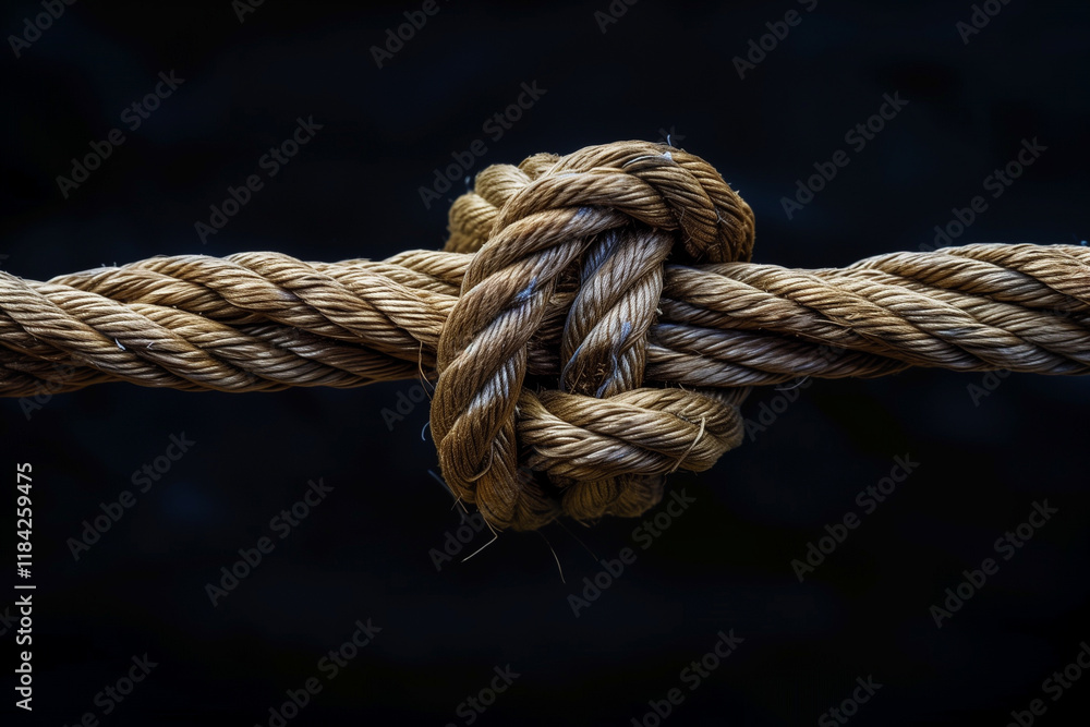 A rope tied in a knot, its rough fibers contrasting with the smooth, dark background. A rope tied in a knot, its rough fibers contrasting with the smooth, dark background.