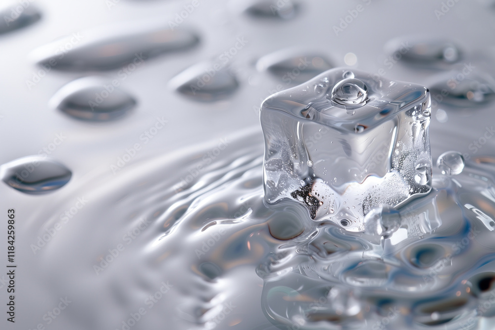 A single crystal-clear ice cube melting on a smooth, reflective glass surface, with droplets forming around it. A single crystal-clear ice cube melting on a smooth, reflective glass surface, with droplets forming around it.