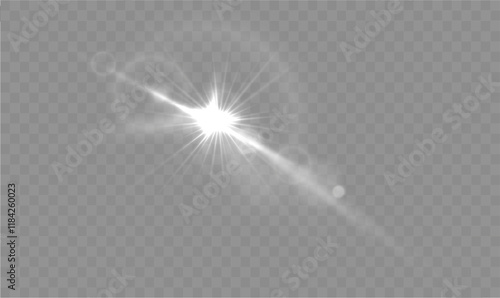 Light effect. Spotlight spark. Stadium lighting. Spot lighting with white beams of LED strobes. White spotlight with a star.	