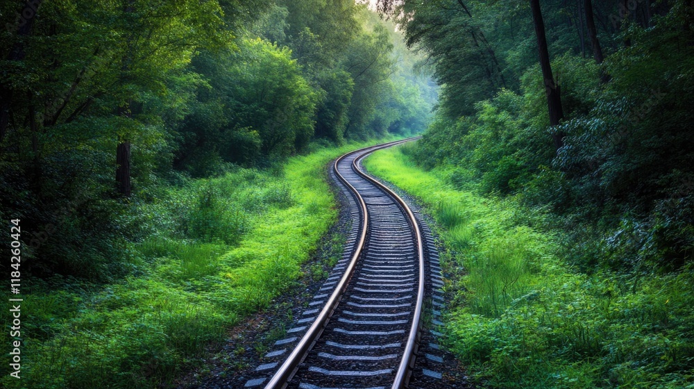 Winding railway tracks meander through lush greenery, creating s Winding railway tracks meander through lush greenery, creating s