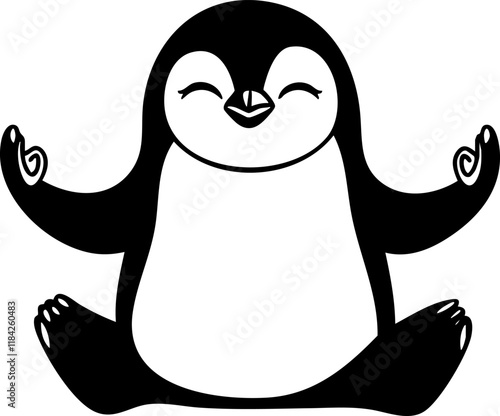 Cartoon penguin meditating in yoga pose with a peaceful expression.