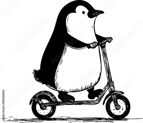 Illustration of a penguin riding a scooter in black and white.