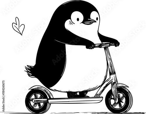 Cute cartoon penguin riding a scooter with a heart symbol.