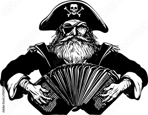 Black and white illustration of a pirate playing an accordion.