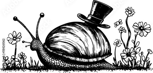 Whimsical black and white illustration of a snail wearing a top hat.