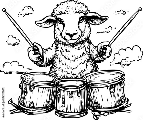 Cartoon sheep playing drums with clouds in the background.