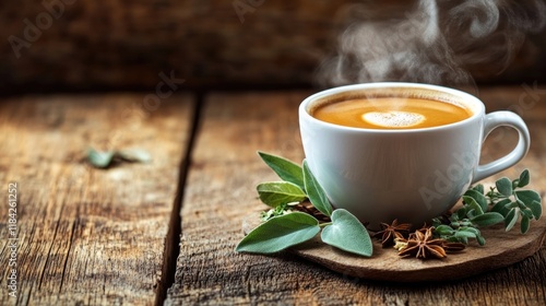 Fototapeta Naklejka Na Ścianę i Meble -  Warm coffee cup surrounded by fresh herbs and spices on rustic w