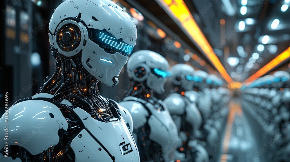 A glowing AI-powered robotic assembly line producing cybernetic implants A glowing AI-powered robotic assembly line producing cybernetic implants