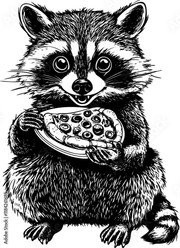 Cute raccoon illustration holding a pepperoni pizza, black and white sketch.