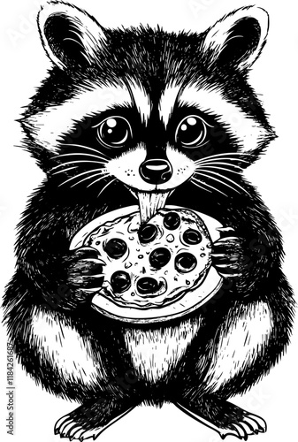 Adorable raccoon cartoon holding a pepperoni pizza illustration.