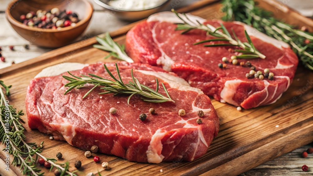 Fresh raw beef steaks on wooden board with herbs, gourmet ingredients. Fresh raw beef steaks on wooden board with herbs, gourmet ingredients.