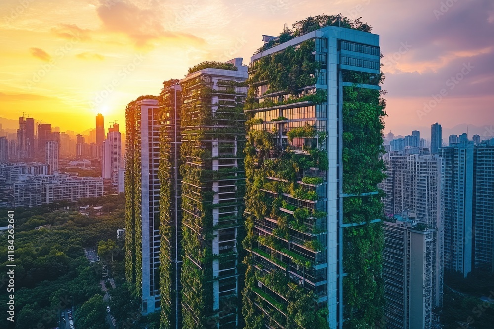 Obraz premium Skyscrapers adorned with lush greenery showcase harmony between
