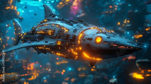 Wallpaper Mural A futuristic robotic shark gliding through a glowing underwater biome Torontodigital.ca