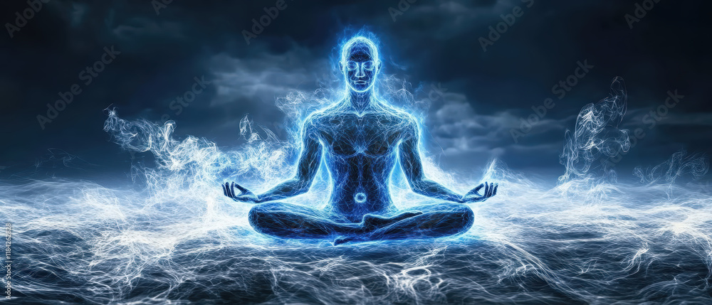 Obraz premium glowing human figure meditates in peaceful, ethereal environment, surrounded by energy
