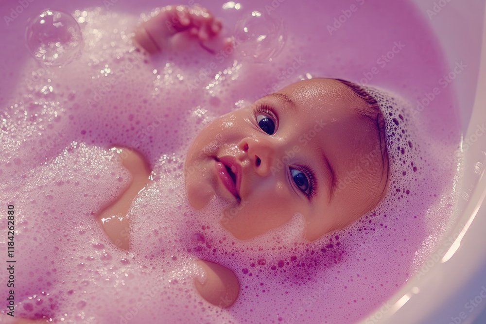 Fototapeta premium an adorable, cute baby in a pink bathtub, against a white background.