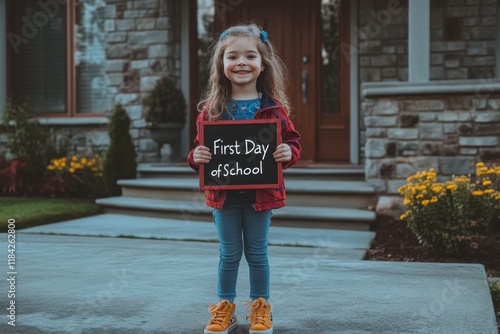 Joyful Child Holding First Day of School Sign in Front of Home with Flowers and Steps, Celebrating New Beginnings in Casual Attire