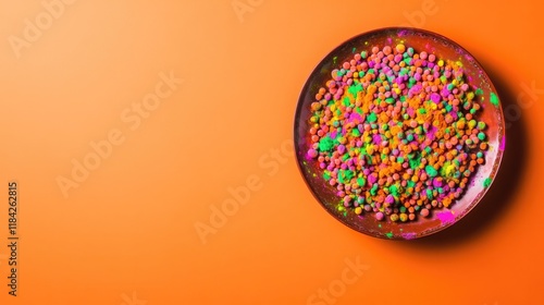 Bright orange background features plate filled with colorful spr photo