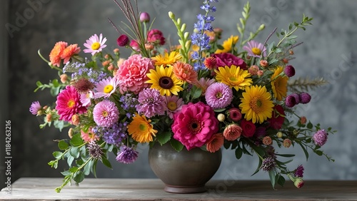 Wallpaper Mural Vibrant Colorful Flower Arrangement in Rustic Vase, A Stunning Floral Composition with Textured Petals and Silver Hues Torontodigital.ca