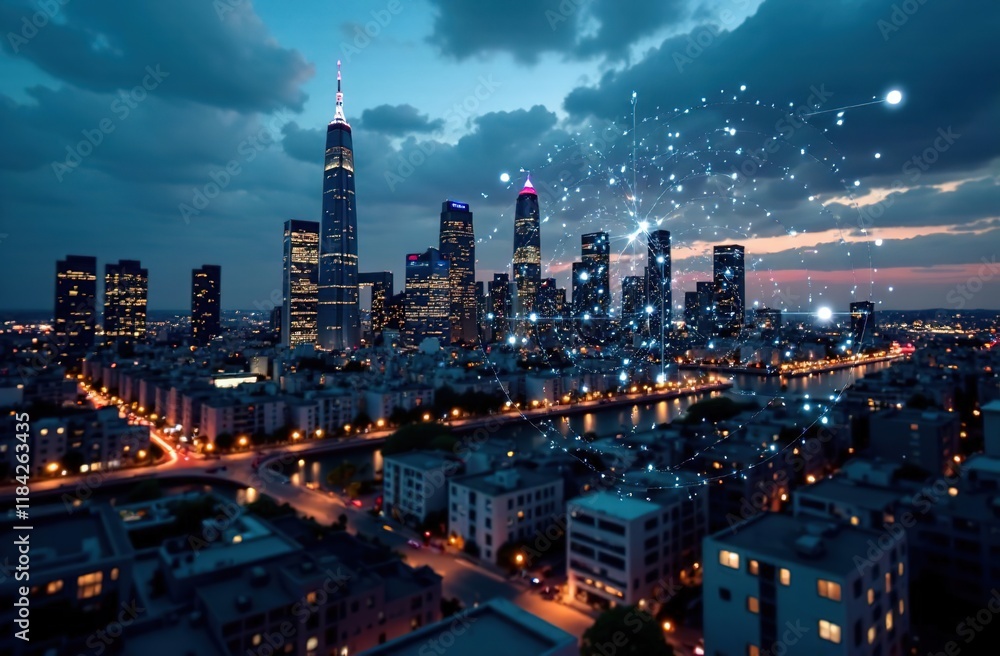 Fototapeta premium Photograph of a cityscape with modern skyscrapers and a digital interface illuminated at dusk. Concept of integrating technology and artificial intelligence into the urban environment