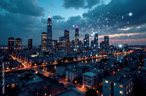 Wallpaper Mural Photograph of a cityscape with modern skyscrapers and a digital interface illuminated at dusk. Concept of integrating technology and artificial intelligence into the urban environment Torontodigital.ca