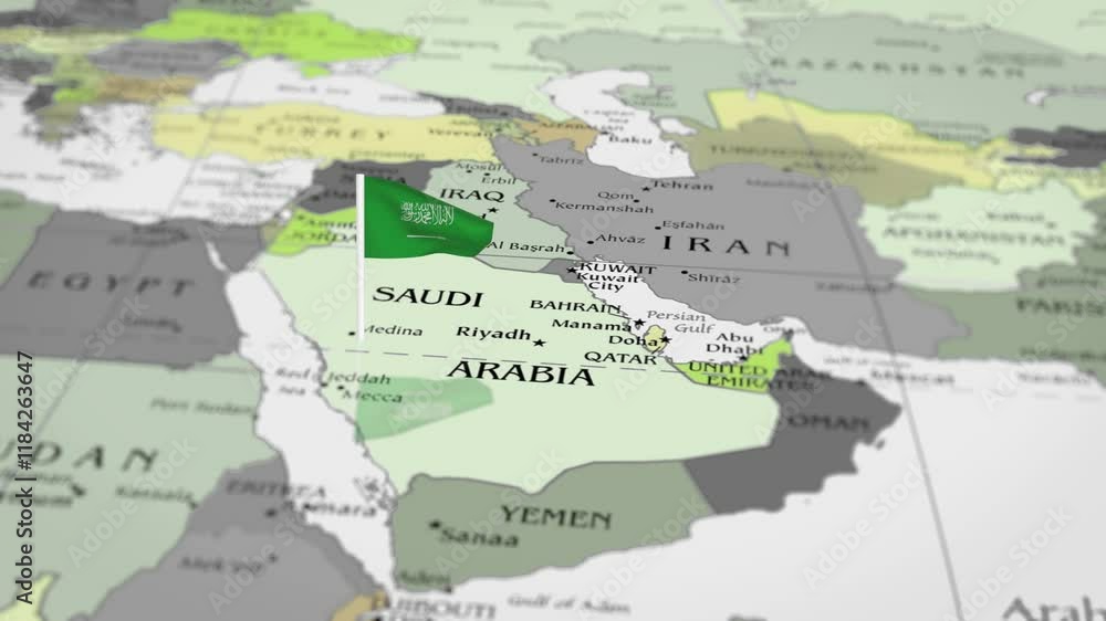 The camera rotating around Saudi Arabia on the world map takes the focus. The Saudi Arabia flag is waving. Saudi Arabia flag waving on the map 4K Animation. The camera rotating around Saudi Arabia on the world map takes the focus. The Saudi Arabia flag is waving. Saudi Arabia flag waving on the map 4K Animation.