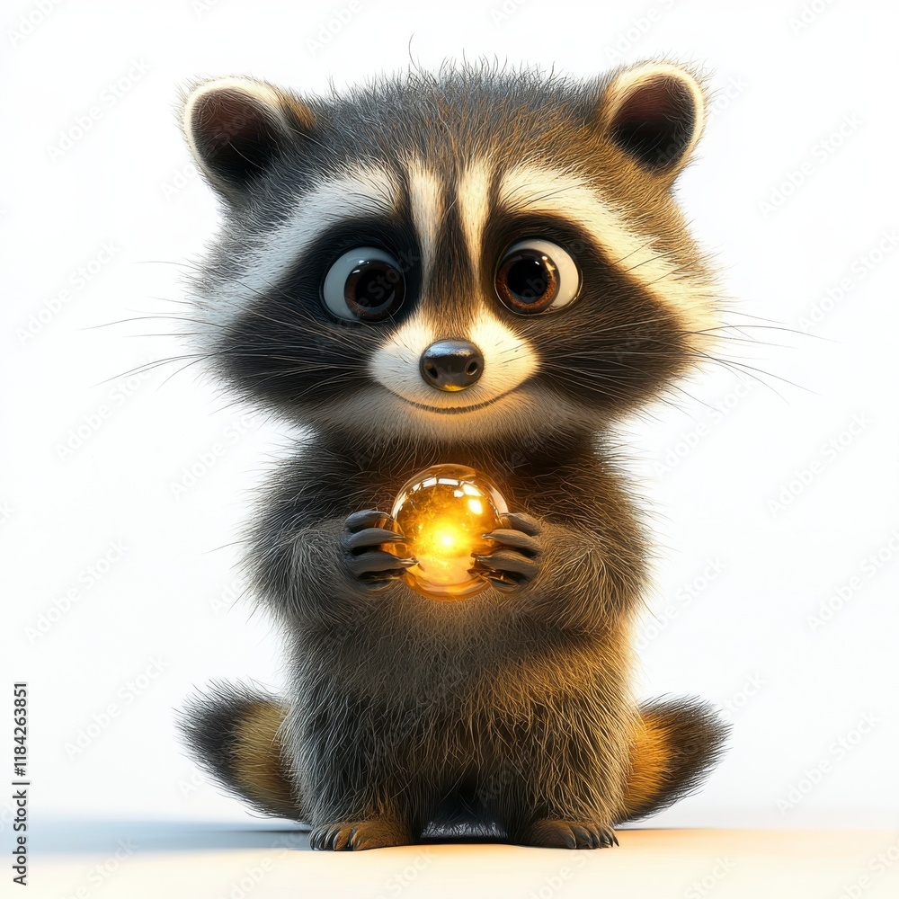 Obraz premium Cute cartoon raccoon holding a glowing orb with cheerful expression