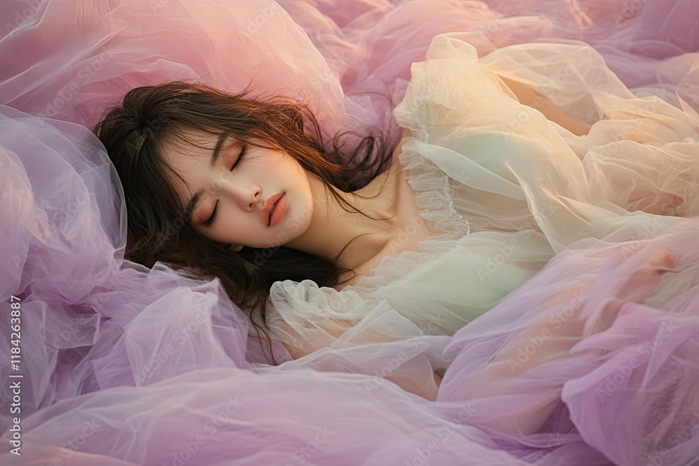 Delicate figure rests amidst soft, flowing fabrics in serene pas Delicate figure rests amidst soft, flowing fabrics in serene pas