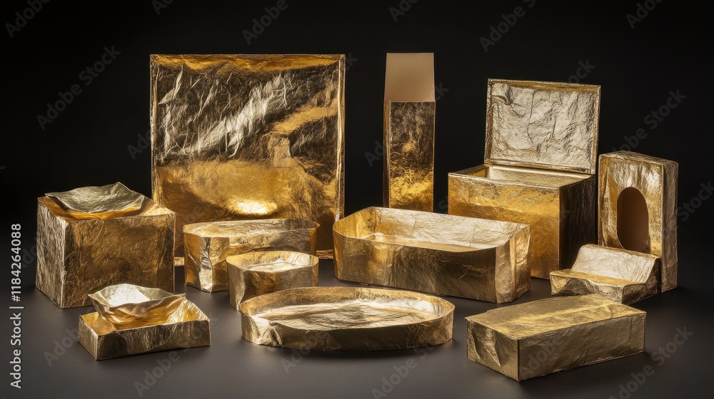 Fototapeta premium Elegant gold packaging and decorative boxes in various geometric shapes showcasing luxury and artistic craftsmanship on a dark background