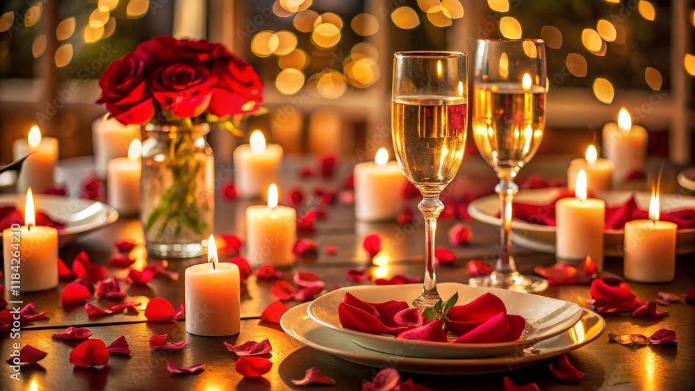 Romantic candlelit table with champagne and rose petals, special occasion. Romantic candlelit table with champagne and rose petals, special occasion.
