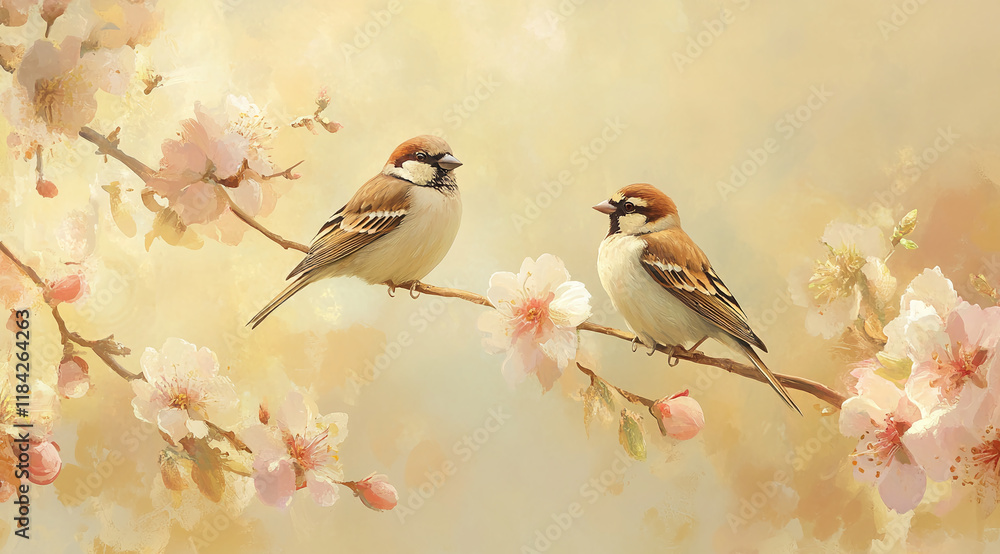 Two sparrows perched on blossoming branches with soft springtime tones Two sparrows perched on blossoming branches with soft springtime tones