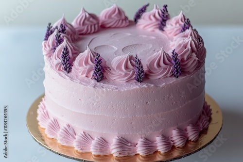 Delicate pink cake adorned with lavender frosting and elegant sw photo