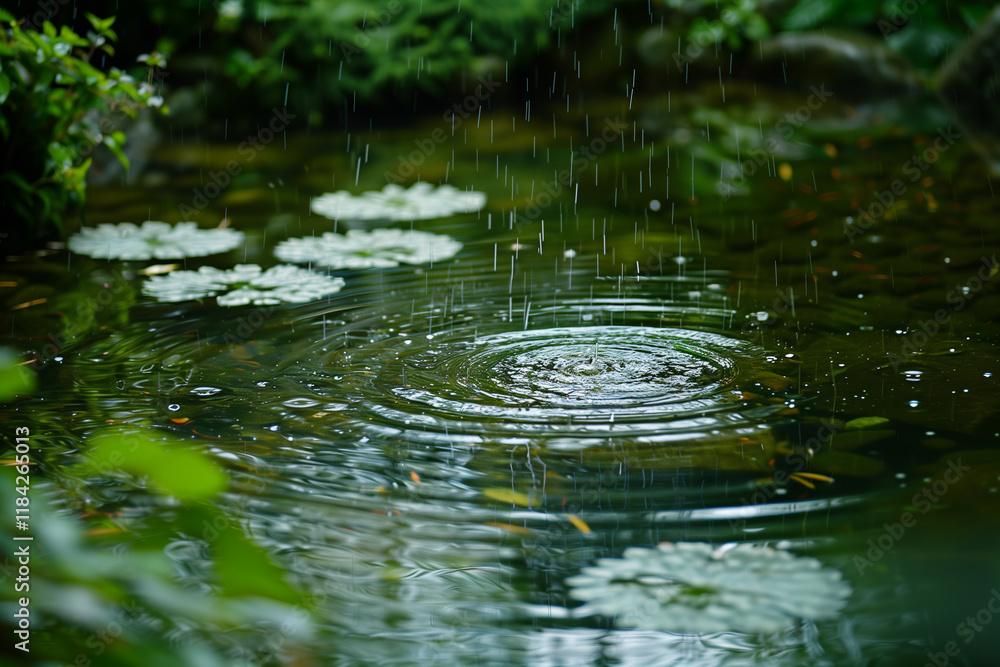 Rain splashing onto a calm, clear pond, creating ripples that spread across the surface. Rain splashing onto a calm, clear pond, creating ripples that spread across the surface.
