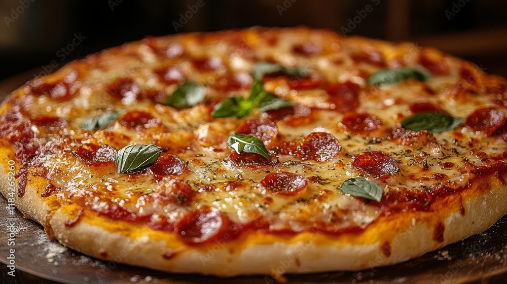 Delicious Pepperoni Pizza: Melted cheese, savory pepperoni, and fresh basil. Delicious Pepperoni Pizza: Melted cheese, savory pepperoni, and fresh basil.
